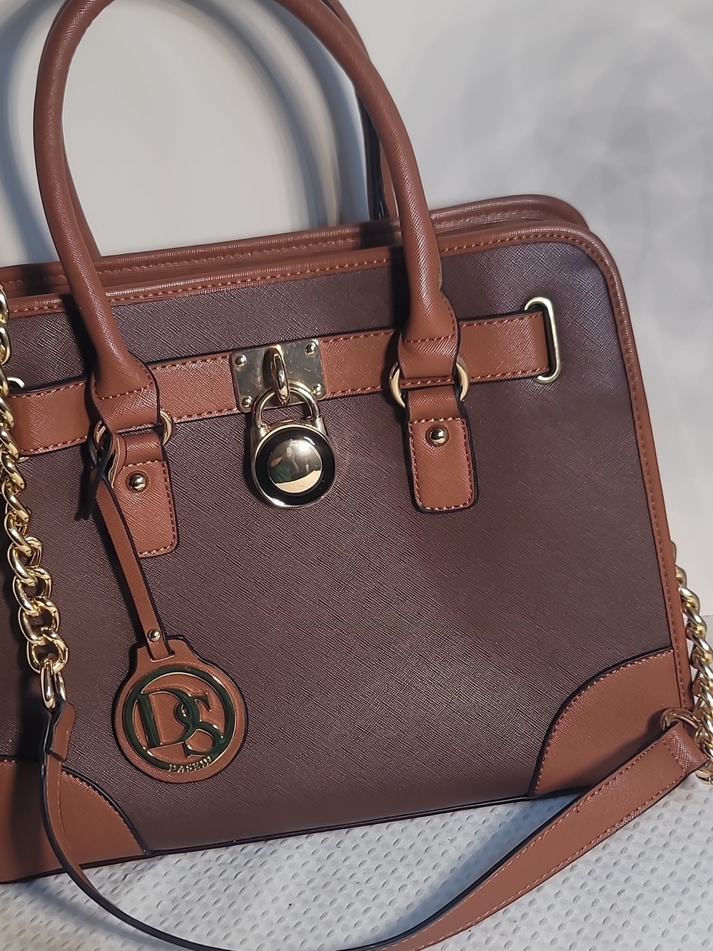 Brown Two-Tone Satchel Handbag with Gold Hardware